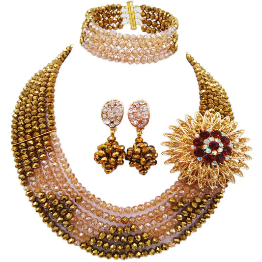 Royal Blue and Champagne Gold AB African Beads Jewelry Set Crystal Nigerian Necklace Sets 6SJ06