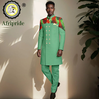 African Suits for Men Double Breasted Embroidery Print Blazer and Pants Set Formal Outfits with Brooch Wedding Wear 2416073