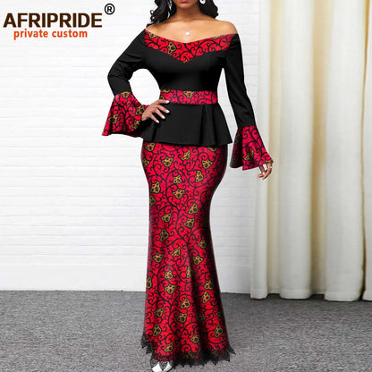 African Clothes for Women Print Top and Lace Skirts 2 Piece Set Vintage Traditional Outfits Ankara Attire Elegant A2226003