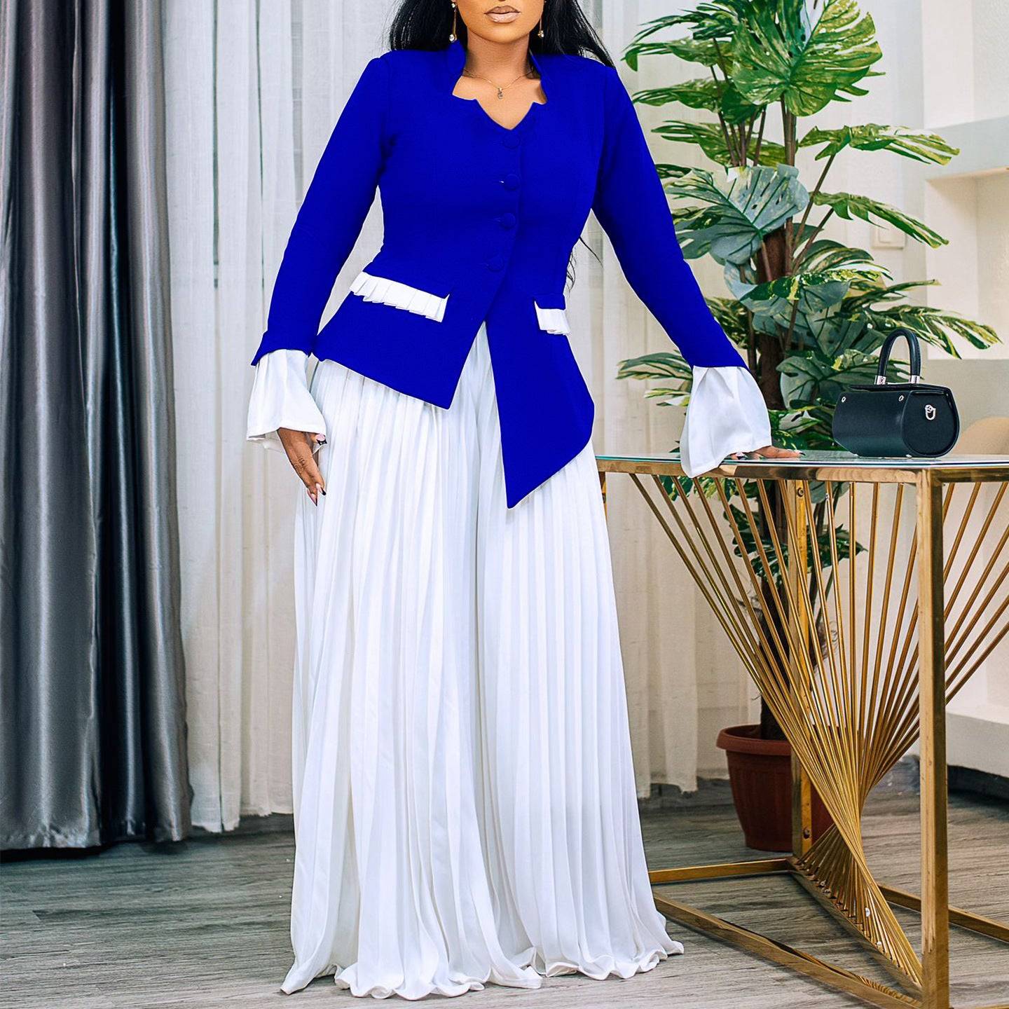 Upgrade Your Wardrobe with a Fashionable Flare Sleeves Top & Wide-leg Pleated Pants Set