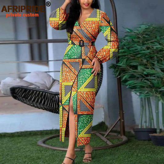 African Print Dresses for Women V-neck Long Sleeve High Waist Elegant Dress with Belt Ankara Clothes Dress Floral Wear A2225035