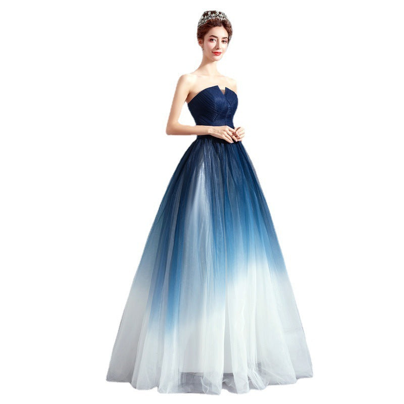 Elegant Ocean Blue Strapless Backless Ball Gown.