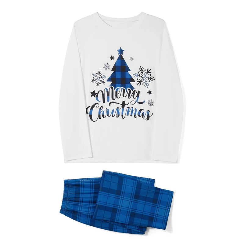 Combhasaki Family Matching Pajamas Loungewear Set Christmas Tree&Letter Print Long-Sleeved Tops+Plaid Trousers Sleepwear Outfits