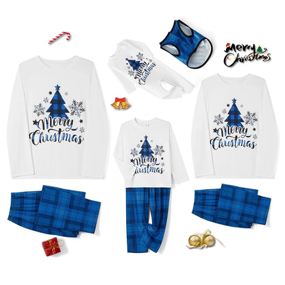 Combhasaki Family Matching Pajamas Loungewear Set Christmas Tree&Letter Print Long-Sleeved Tops+Plaid Trousers Sleepwear Outfits