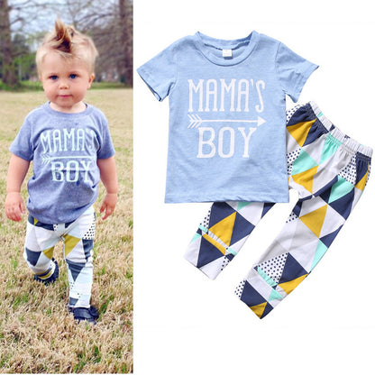 Short-Sleeved T-Shirt Blue Letter Arrow Geometric Pants Baby Two-Piece Suit