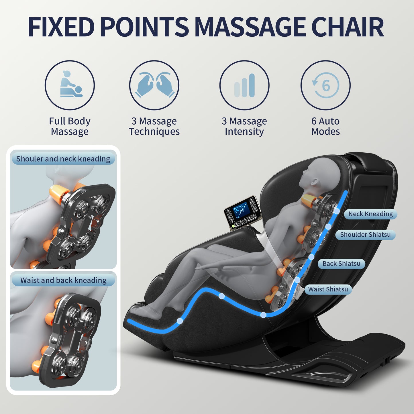 Full body deep tissue massage chair, foot massage, 8 fixed massage rollers, touch screen suitable for 5.1-5.75 feet high (black)