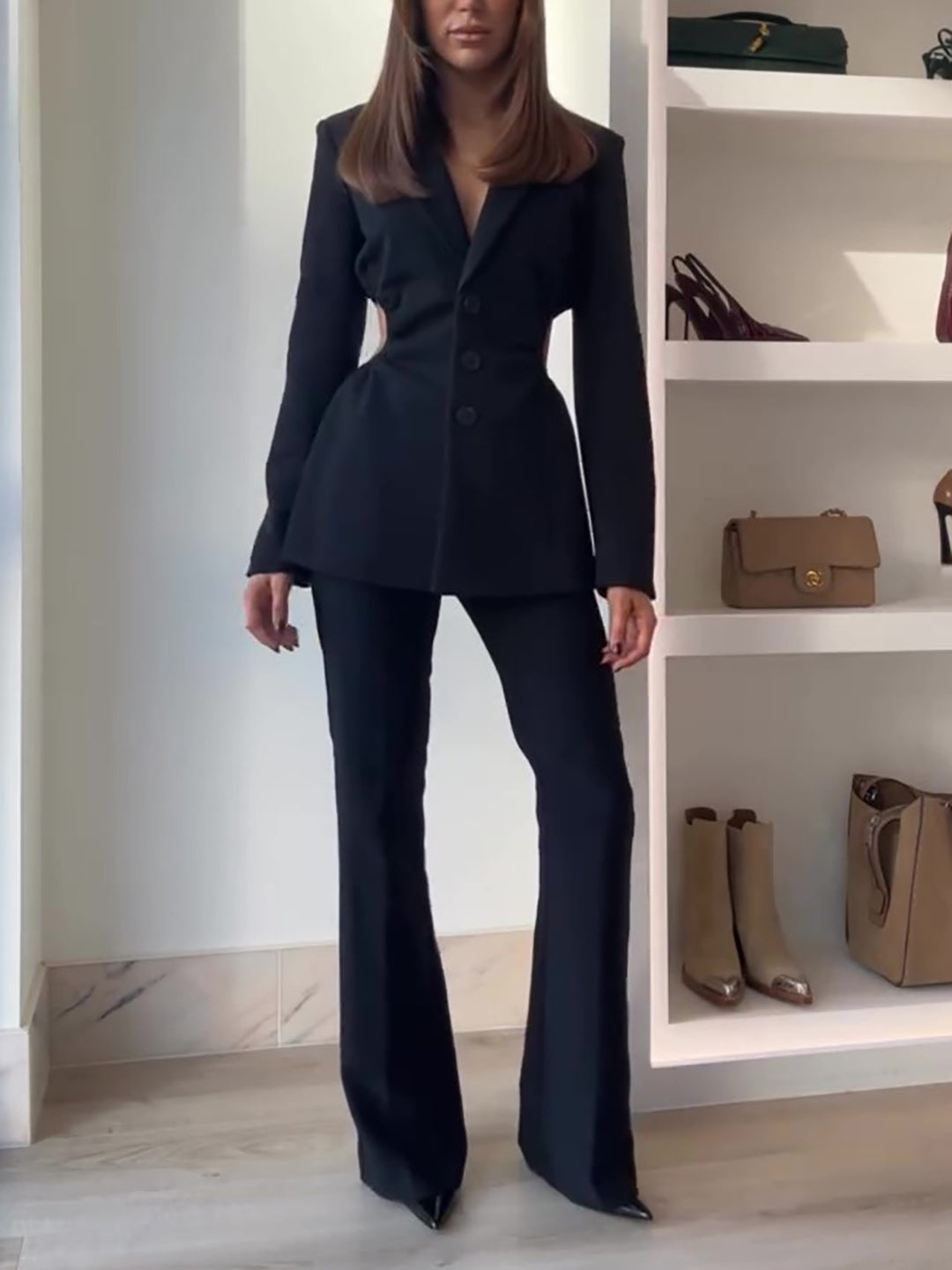 Black Waist Cutout Blazer High Waist Pants Suit