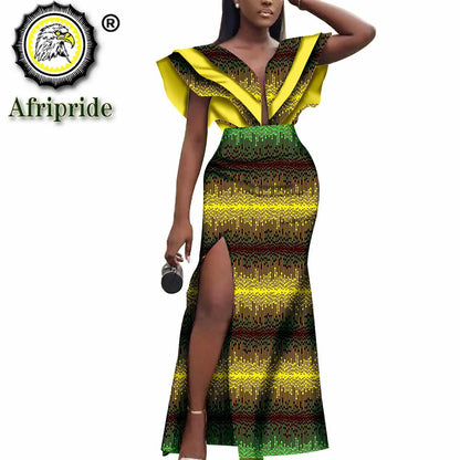 Women`s Dresses African Ankara Print Deep V Neck  Loose Empire Plus Size Dashiki Outfits Wax Batik Dress AFRIPRIDE S1925103