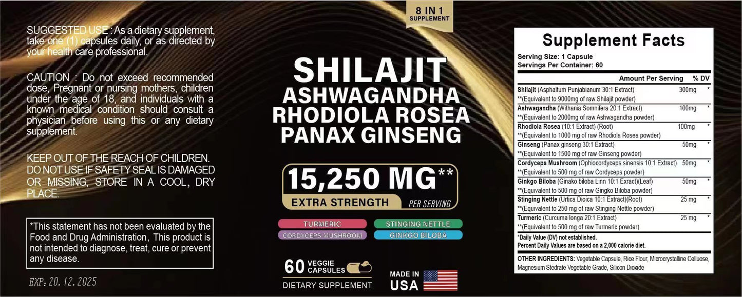 Shilajit Pure Himalayan 9000MG, Energy Booster Ashwagandha 2000MG, Rhodiola Rosea 999MG, Panax Ginseng 1500MG, Turmeric 500MG, Ginkgo Biloba 500MG, Stinging Nettle 250MG Cordyceps Mushroom 500