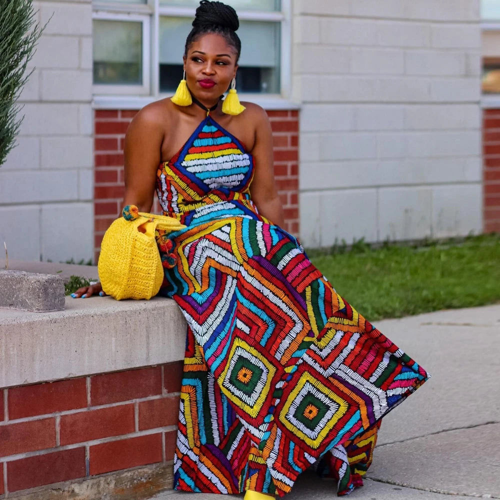 African Dresses For Women Elegant Dashiki Summer Spaghetti Straps Maxi Dress Ladies Traditional Africa Clothing Fairy Long Dress