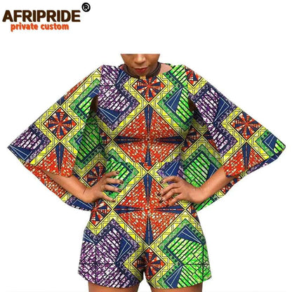 2024 African Fashion Playsuits for Women AFRIPRIDE Tailor Made Bazin Richi Cloak Sleeve Women Casual Cotton Playsuits A1929001