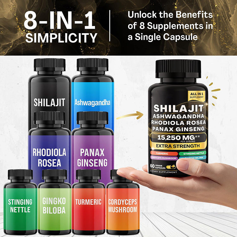 Shilajit Pure Himalayan 9000MG, Energy Booster Ashwagandha 2000MG, Rhodiola Rosea 999MG, Panax Ginseng 1500MG, Turmeric 500MG, Ginkgo Biloba 500MG, Stinging Nettle 250MG Cordyceps Mushroom 500