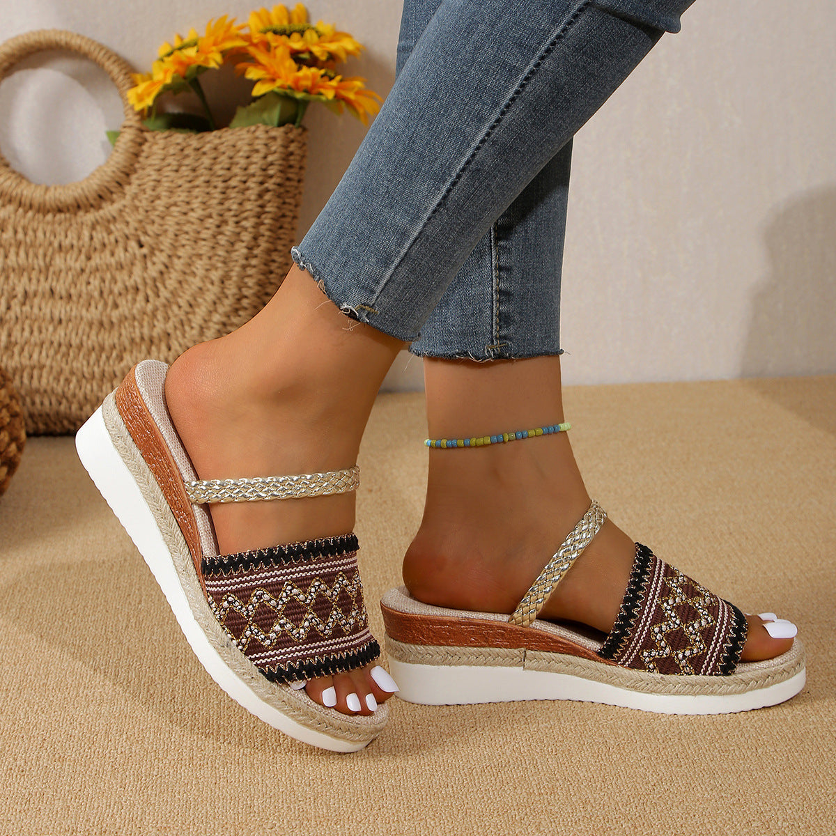 Color-blocked Wave-patterned Sandals Summer Fashion Wedges Slippers