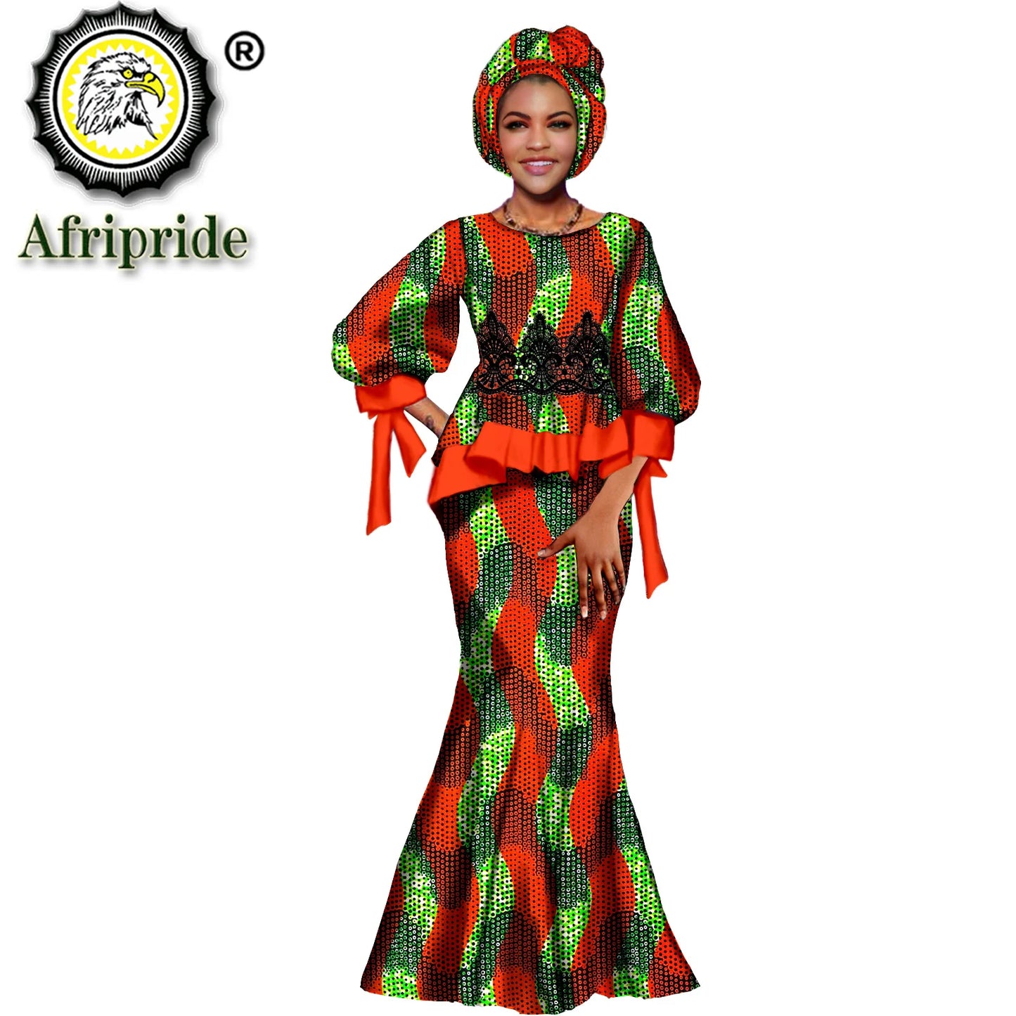 African Clothes for Women Print Lace Tops Maxi Skirts and Headscarf 3 Piece Set Dashiki Outfits for Wedding Evening S2126019