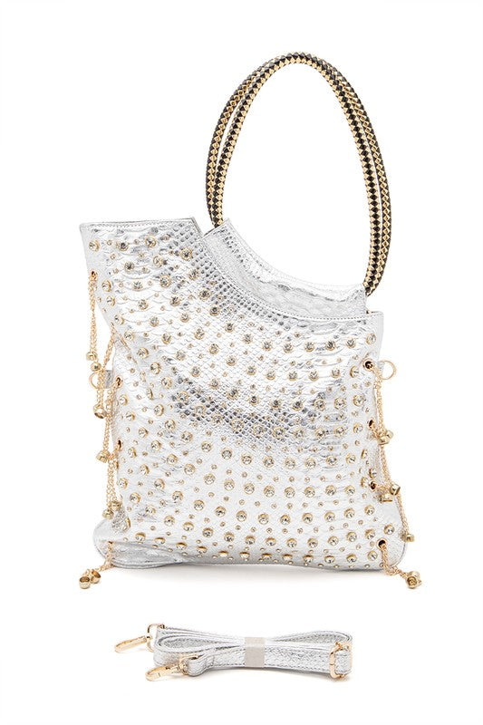 Crystal Embellished Convertible Top Handle Bag