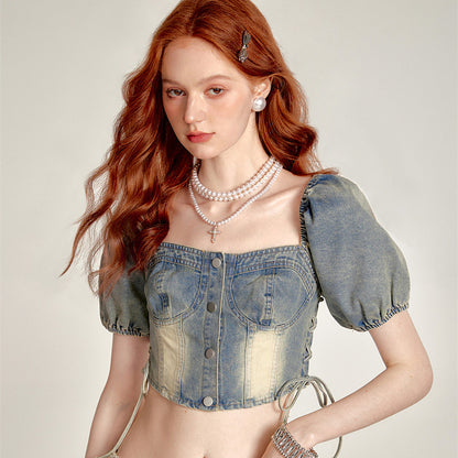 Lace-up Smocking Waist Slim Fit Cropped Denim Top