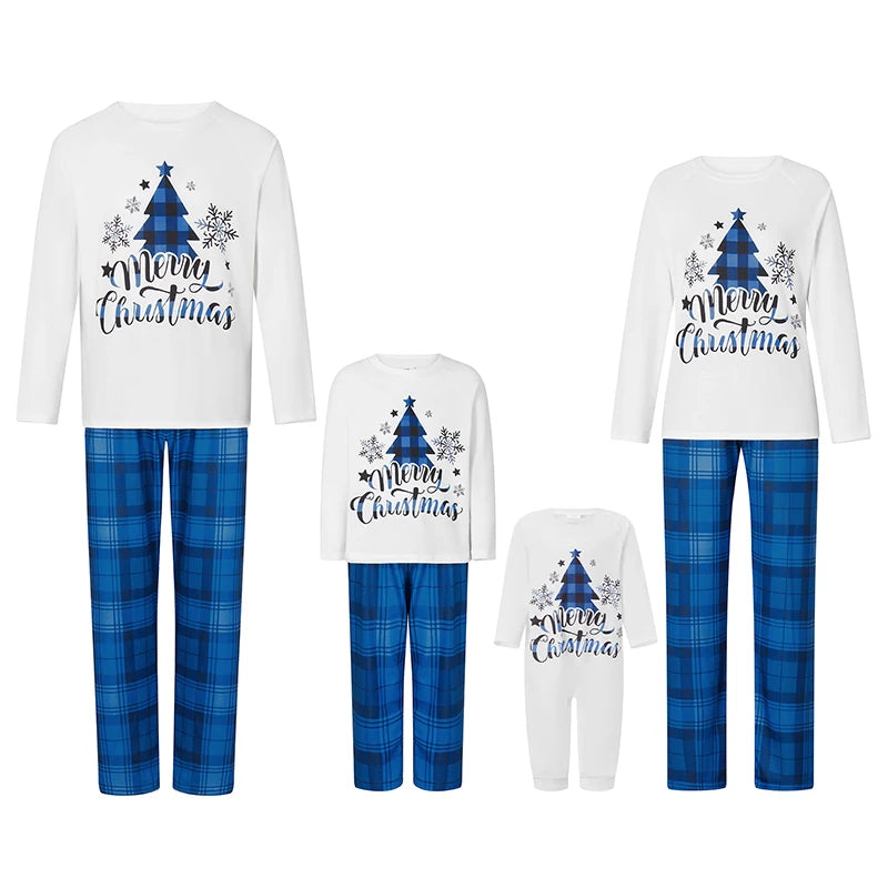 Combhasaki Family Matching Pajamas Loungewear Set Christmas Tree&Letter Print Long-Sleeved Tops+Plaid Trousers Sleepwear Outfits