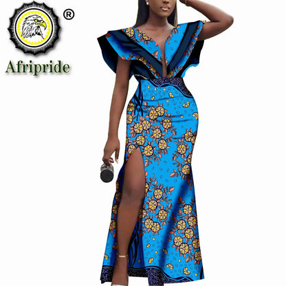 Women`s Dresses African Ankara Print Deep V Neck  Loose Empire Plus Size Dashiki Outfits Wax Batik Dress AFRIPRIDE S1925103