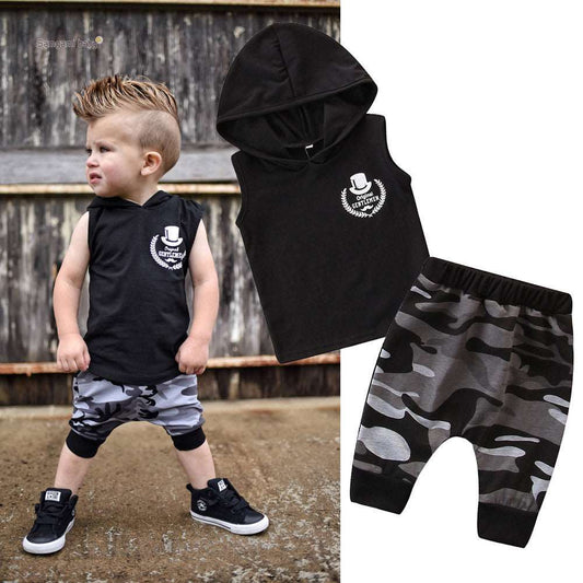 2PCS Toddler Kids Baby Boy Sleeveless Hooded Camo Top & Pants Outfits