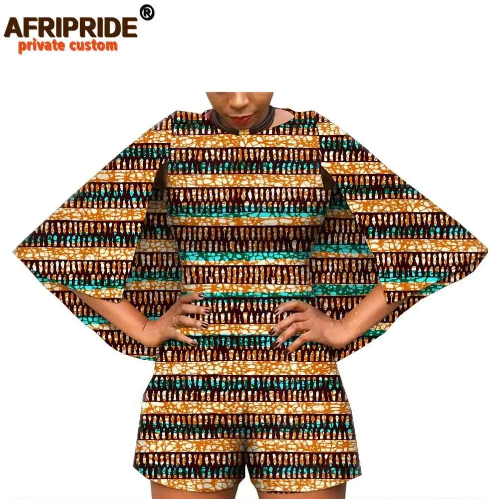 2024 African Fashion Playsuits for Women AFRIPRIDE Tailor Made Bazin Richi Cloak Sleeve Women Casual Cotton Playsuits A1929001