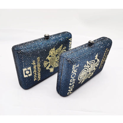 Navy Blue Passport Customized Crystal Bags Luxury Diamond Letters Ladies Clutch Bags