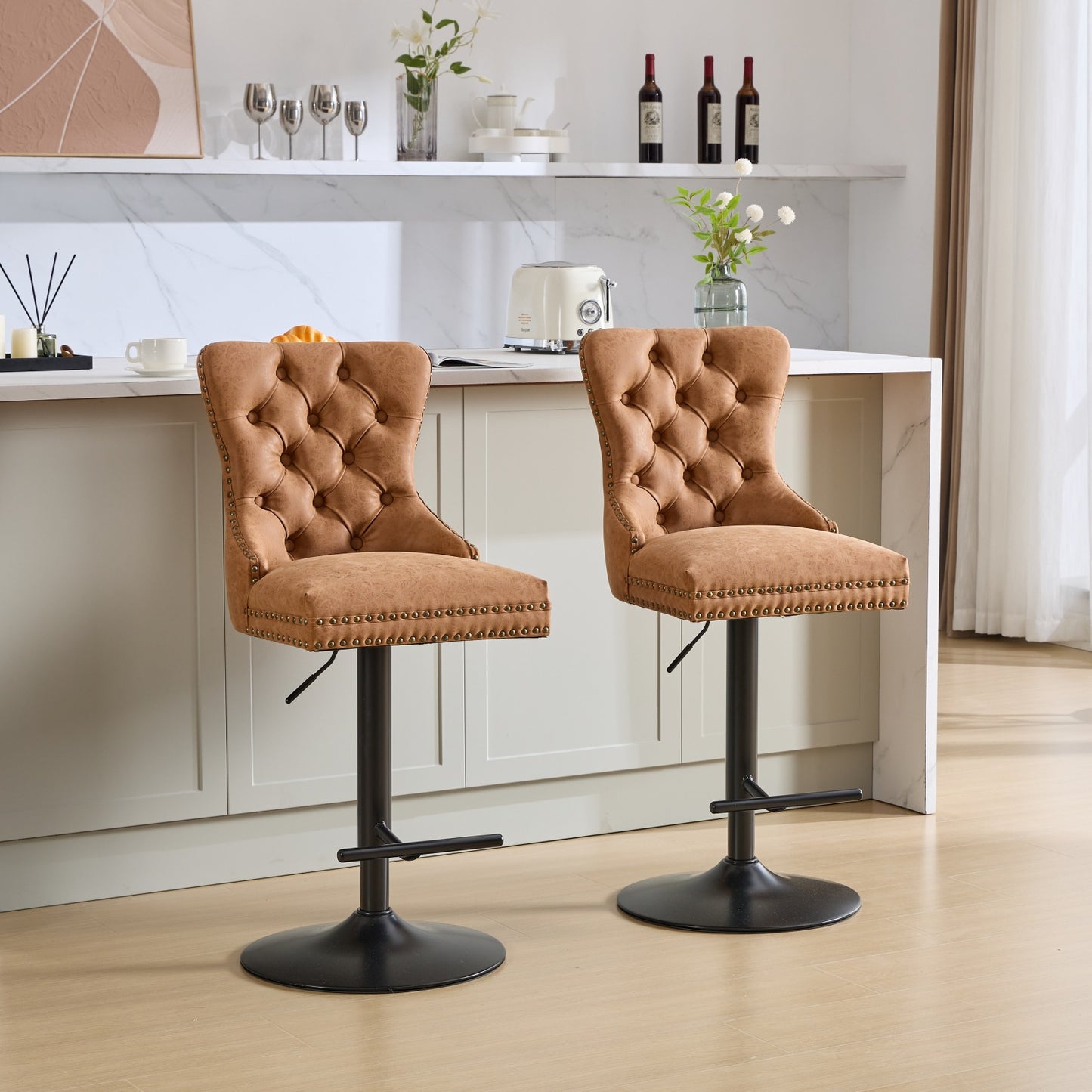 Vintage PU rotating bar stool, seat height adjustable from 25-33 inches, modern bar stool (orange, 2-piece set)