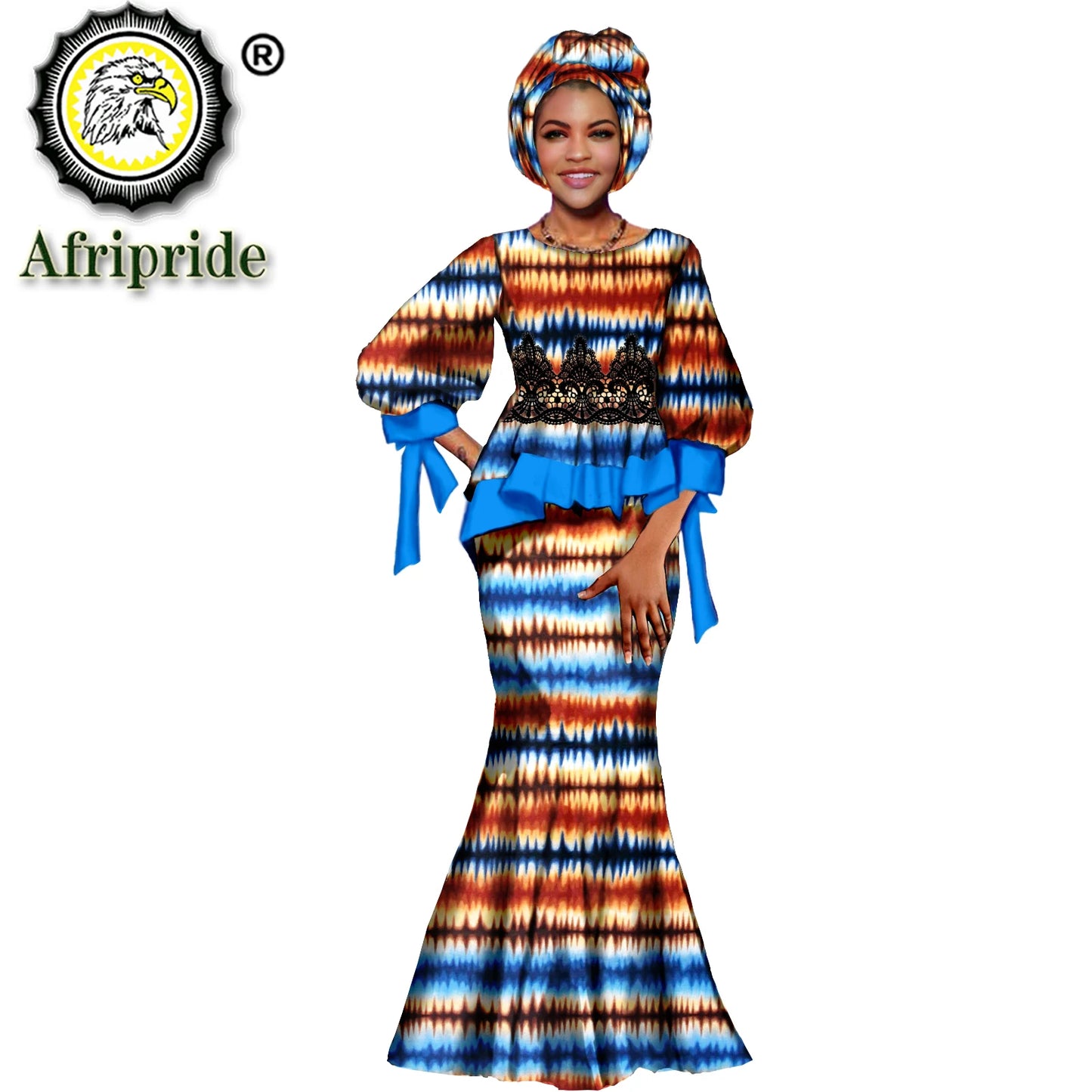 African Clothes for Women Print Lace Tops Maxi Skirts and Headscarf 3 Piece Set Dashiki Outfits for Wedding Evening S2126019