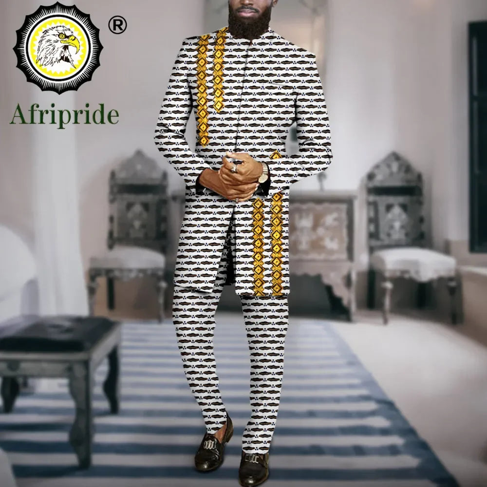 African Suits for Men Slim Fit Embroidery Print Blazer and Ankara Pants 2 Piece Set Formal Dress Suit Dashiki Outfits A2316069