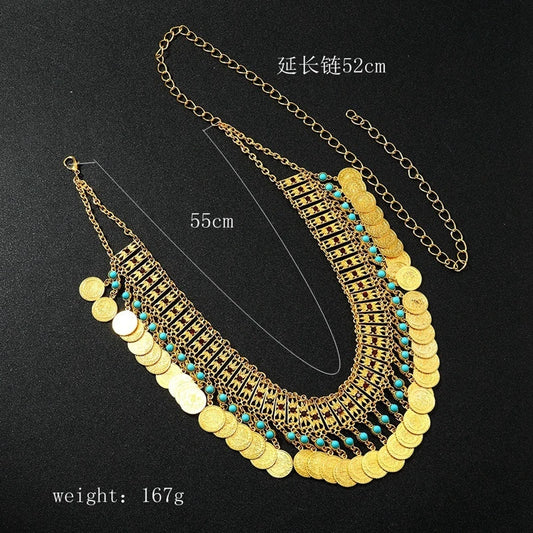 MOGAKU Green Beads Waist Chains Women Gypsy Ethnic Golden Color Body Chain Bohemian Female Coin Pendant Carved Belly Jewelry