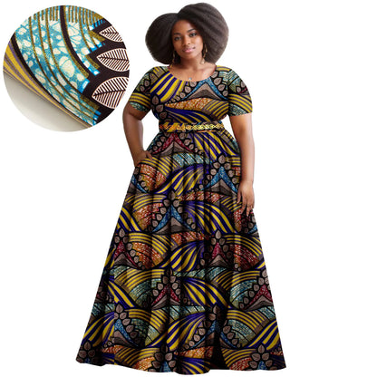 Afripride African Women's Dresses Ankara Batik Short Sleeve Gold Stamped Belt Accessory Dress 2425127