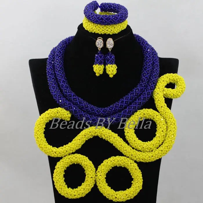 Royal Blue/Yellow Crystal Handmade Braid African Wedding Beads Bridal Jewelry Sets Nigerian Jewellery Set Free Shipping ABF986