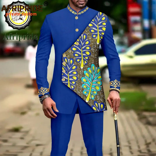 Men`s Business Suit African Clothes Embroidery Full Sleeve Double Breasted Print Blazer and Pants Set Formal Outfits A2316051
