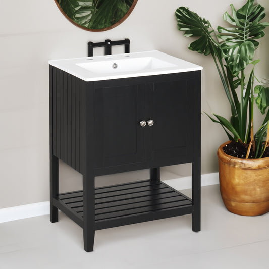 24" Black Modern Sleek Bathroom Vanity Elegant Ceramic Sink with Solid Wood Frame Open Style Shelf