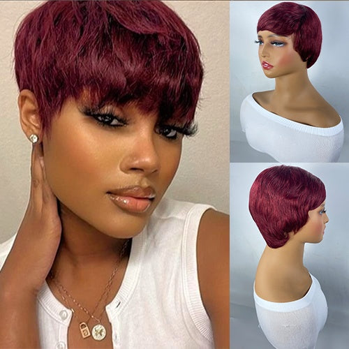 Short And Straight, Elf, Human Hair Non-toxic Wig, Burgundy, Short And Elf Haircut, Ladies Wig