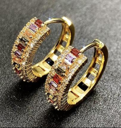 18K Gold Plated Multi-colored Stone Hoop Earring