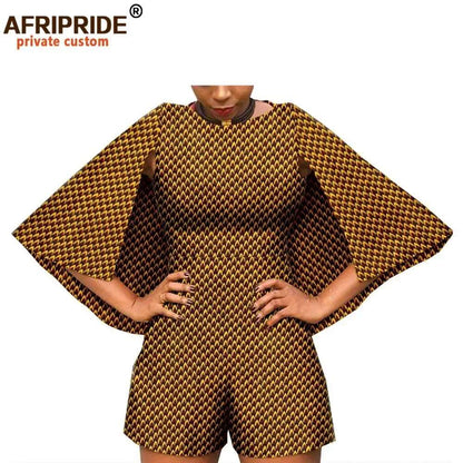 2024 African Fashion Playsuits for Women AFRIPRIDE Tailor Made Bazin Richi Cloak Sleeve Women Casual Cotton Playsuits A1929001