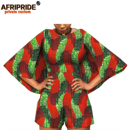 2024 African Fashion Playsuits for Women AFRIPRIDE Tailor Made Bazin Richi Cloak Sleeve Women Casual Cotton Playsuits A1929001