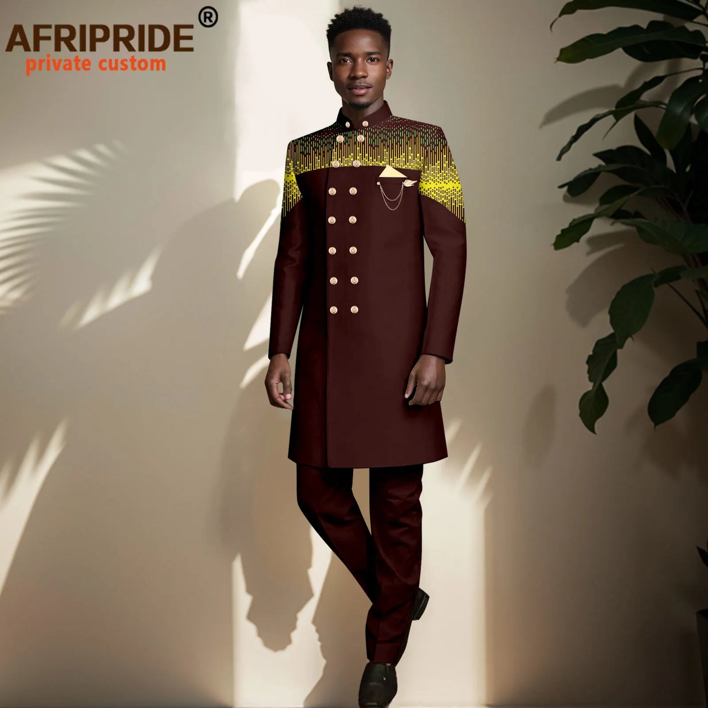 African Suits for Men Double Breasted Embroidery Print Blazer and Pants Set Formal Outfits with Brooch Wedding Wear 2416073