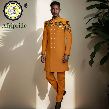 African Suits for Men Double Breasted Embroidery Print Blazer and Pants Set Formal Outfits with Brooch Wedding Wear 2416073