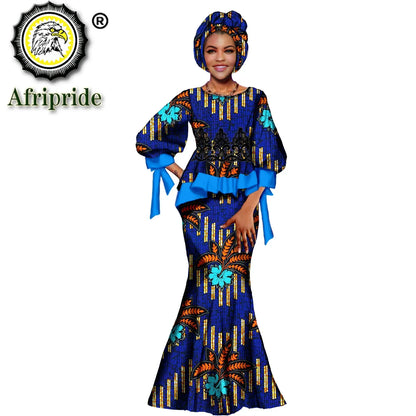 African Clothes for Women Print Lace Tops Maxi Skirts and Headscarf 3 Piece Set Dashiki Outfits for Wedding Evening S2126019