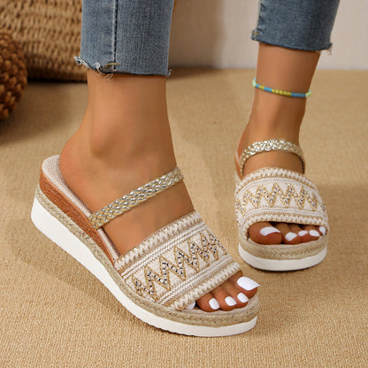 Color-blocked Wave-patterned Sandals Summer Fashion Wedges Slippers