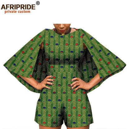 2024 African Fashion Playsuits for Women AFRIPRIDE Tailor Made Bazin Richi Cloak Sleeve Women Casual Cotton Playsuits A1929001