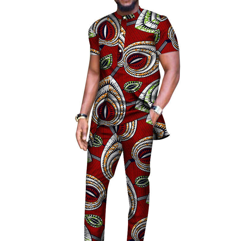 African Men's Long-sleeved T-shirt And Pants Suit Cotton