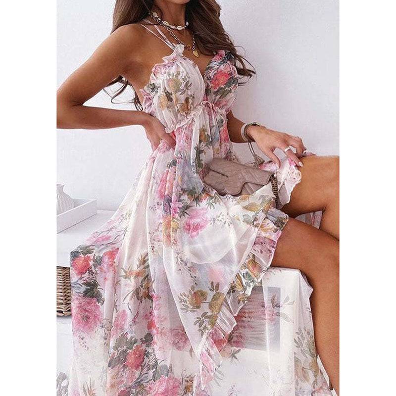 Women's Spaghetti Strap V-Neck Floral Sundress Flowy Fairy Style Summer Dress