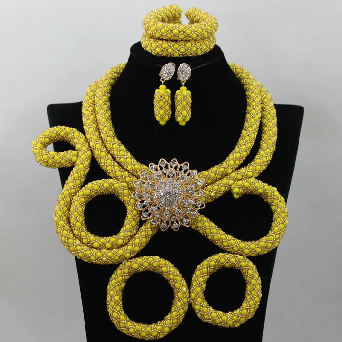 Royal Blue/Yellow Crystal Handmade Braid African Wedding Beads Bridal Jewelry Sets Nigerian Jewellery Set Free Shipping ABF986