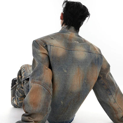 Retro Damaged Denim Coat Distressed Jacket Slightly Flared Jeans