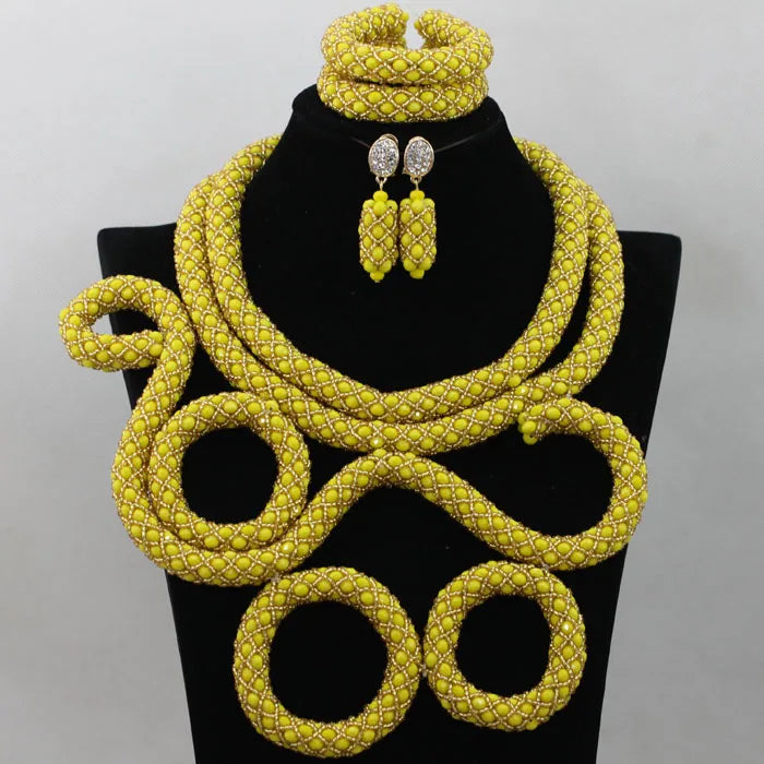 Royal Blue/Yellow Crystal Handmade Braid African Wedding Beads Bridal Jewelry Sets Nigerian Jewellery Set Free Shipping ABF986