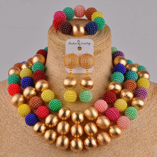 Royal Blue Simulated Pearl Beaded 3 Lines African Necklace Costume Jewelry Set
