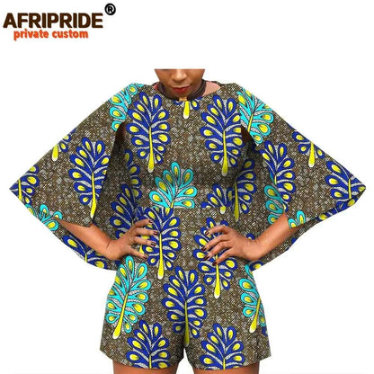 2024 African Fashion Playsuits for Women AFRIPRIDE Tailor Made Bazin Richi Cloak Sleeve Women Casual Cotton Playsuits A1929001