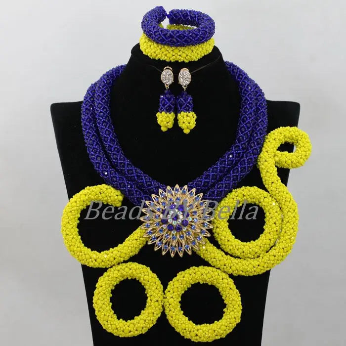 Royal Blue/Yellow Crystal Handmade Braid African Wedding Beads Bridal Jewelry Sets Nigerian Jewellery Set Free Shipping ABF986